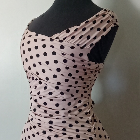 Oo lala! Guess short bodycon draped polka dot nude pink and black mini dress S - Picture 3 of 7
